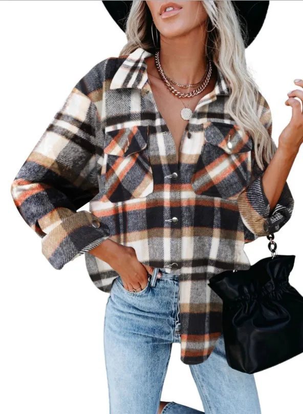 

2023 Women Plaid Shirt Jacket Causal Print Button Long Sleeve Vintage Pocket Hong Kong Style Autumn Winter Coat Fall Ladies Tops