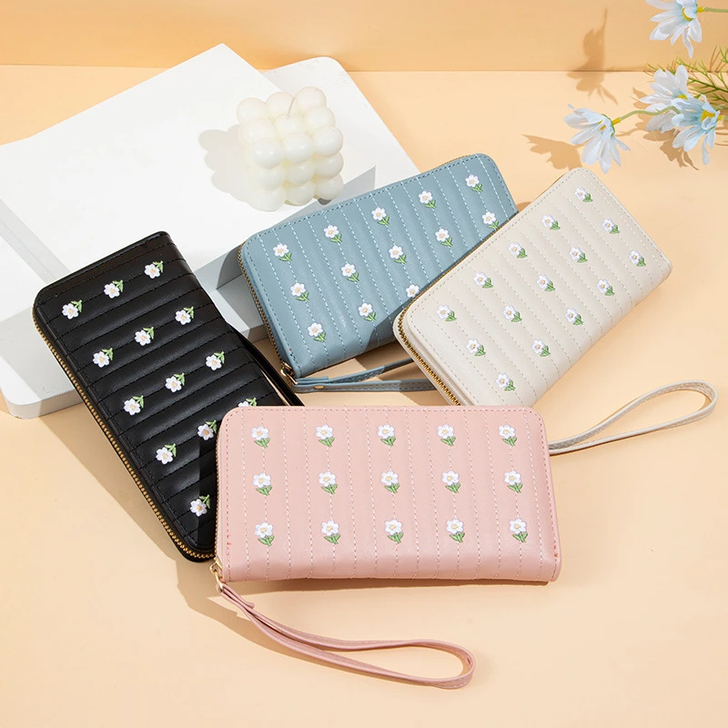 

PU Leather Fashion Flower Wallet for Women Long Zipper Card Holder Embroidery Clutch Ladies Coin Purse Simple Money Bag Portable