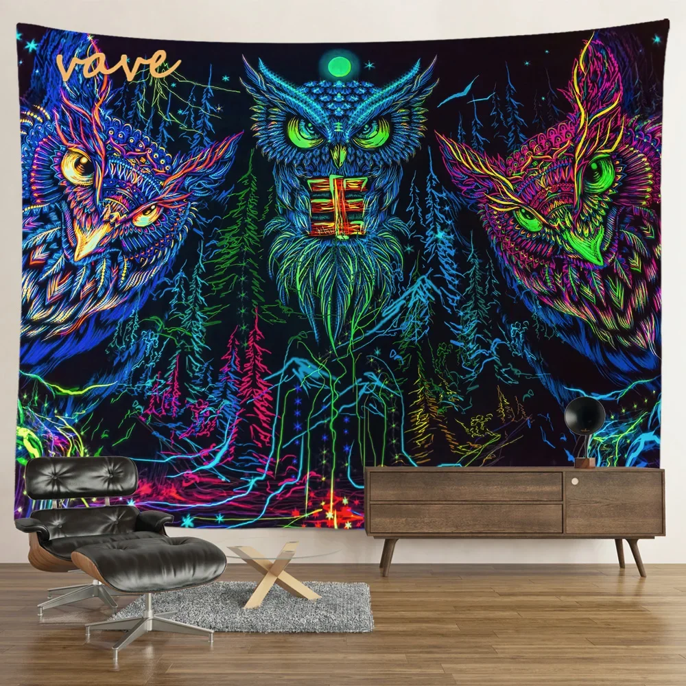 UV Reactive Fluorescent Mandala Elephant Tapestry Hippie Psychedelic Buddha Statue Owl Wall Hanging Cloth Bohemia Room Decor 4