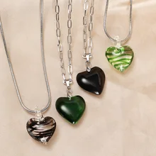 

Fashion Green Black Zebra-Stripe Glass Heart Pendant Titanium Steel Chain Necklaces for Women Chokers Necklace Aesthetic Jewelry