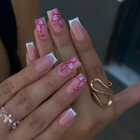 Faux ongles de Style français rose, fleur blanche imprimée, tête carrée courte, à pression, simples, portables, artificiels, Art, 24 pièces 5