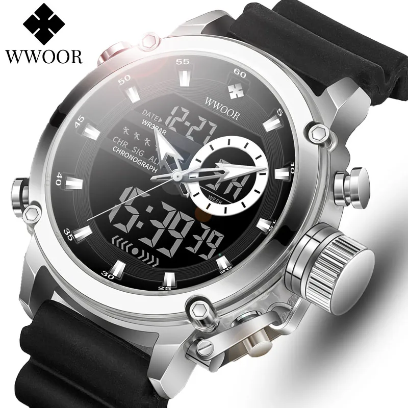 WWOOR Luxury Men Watches Digital Chronograph Military Sport Quartz WristWatch Stainless Steel Waterproof Alarm Relogio Masculino