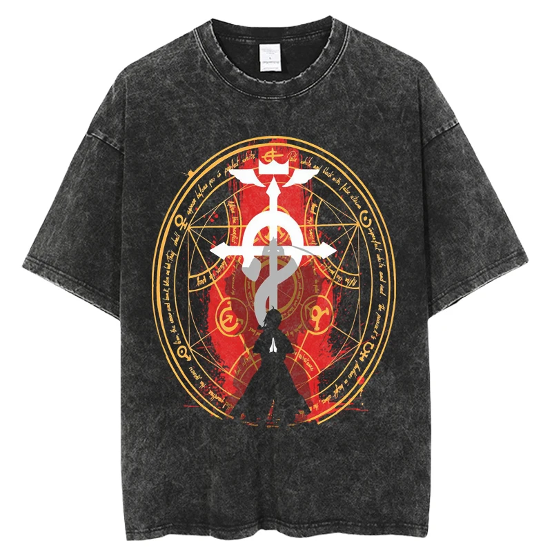

Anime FULLMETAL ALCHEMIST Cartoon T Shirt Men Manga Summer Vintage Washed Unisex 100% Cotton Tshirt Hip Hop Top Tee Male