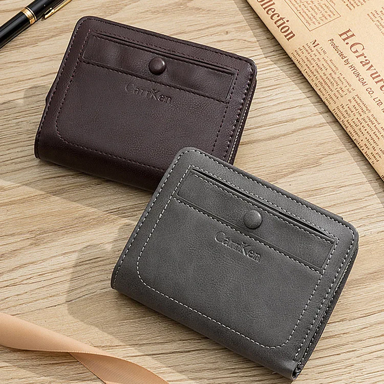 Men's Short Wallet Three-Fold Purse Card Holder Youth Snap Button Fashion Vertical Zipper Coin Pouch Multi-Functional