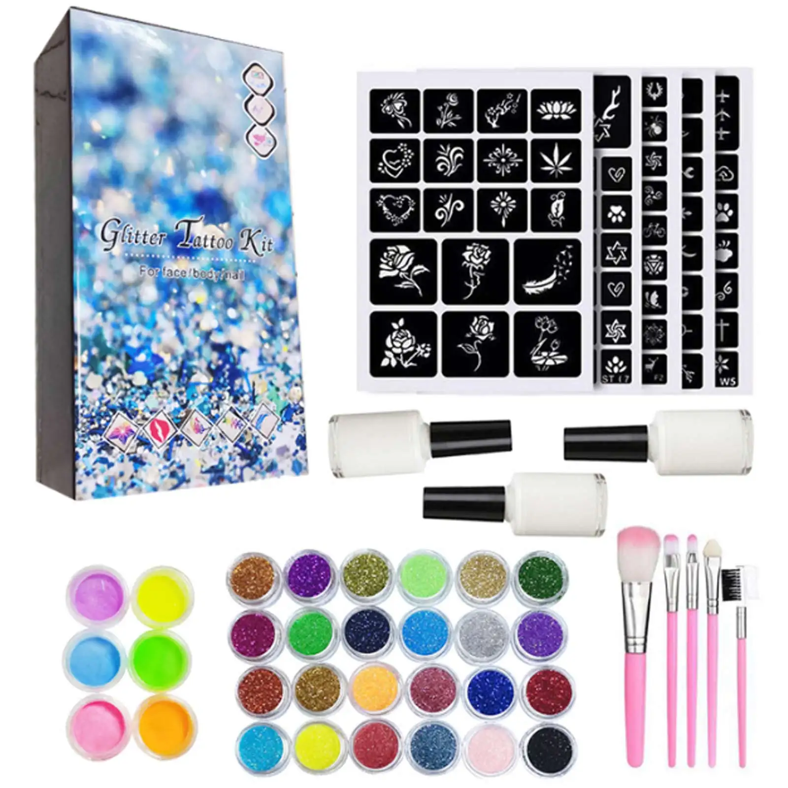 Temporary Glitter Tattoos Kit for Kids 200 Stencils 24 Glitter Colors 5 Brushes 3 Body Glue Sparkly Colorful Tattoos for Girls T