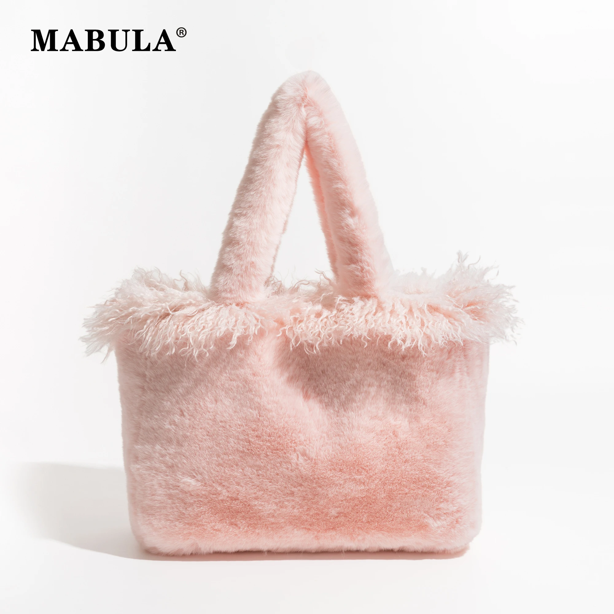 

MABULA Fluffy Pink Faux Fur Winter Casual Tote Bag Big Unique Ladies Shopper Handbag Brand Designer Simple Satchel Purse