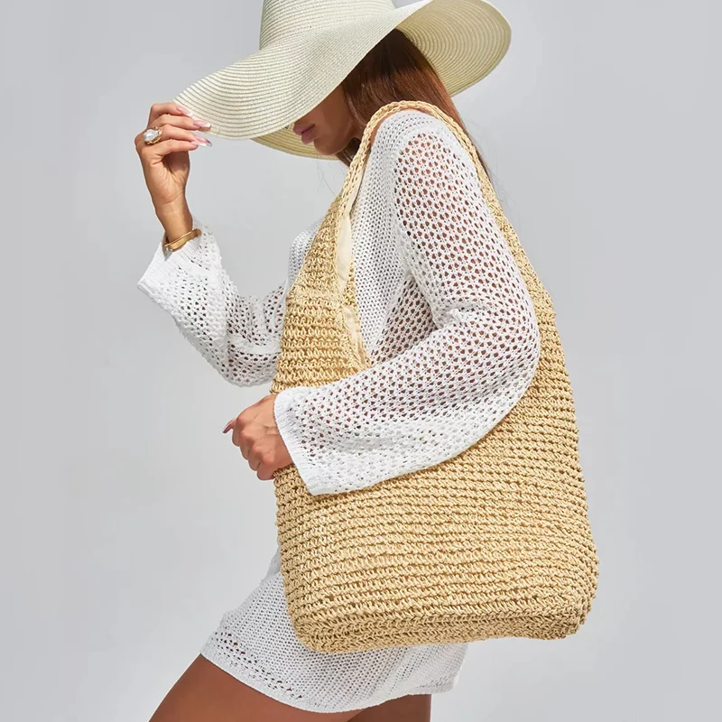 Summer Beach Resort Fashion Straw-Woven Ladies Large-Capacity Shoulder Bag WIth Hand-Woven Beach
