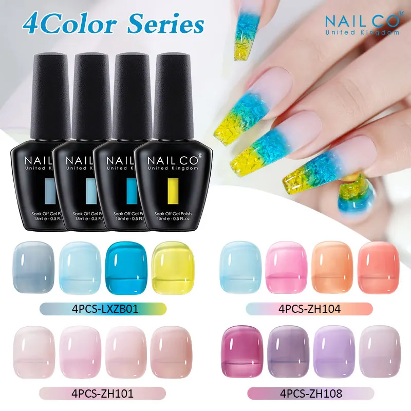 

NAILCO Jelly Glass Gel Nail Polish Set 15ml 4Colors Series Translucent Candy Nude Gel Semi Permanent Soak Off UV LED Varnishes