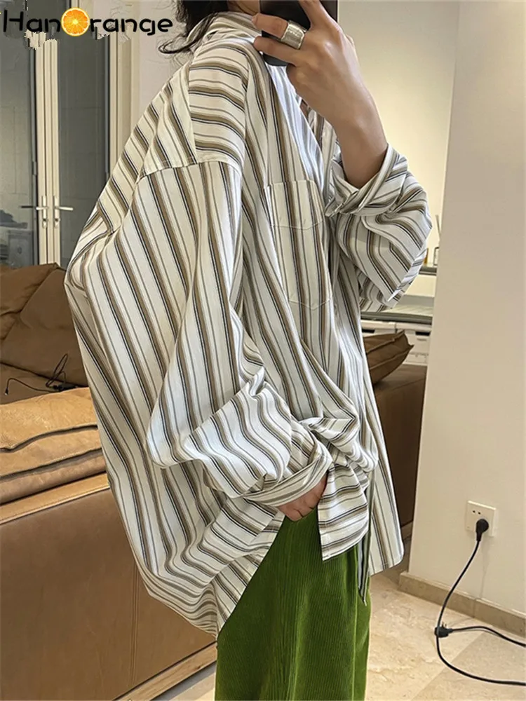 HanOrange Early Spring Women Striped Shirt Drop Shoulder Retro Ins Style Fashionable Loose Silhouette Casual Tops Women women abstract graphic drop shoulder sweater m