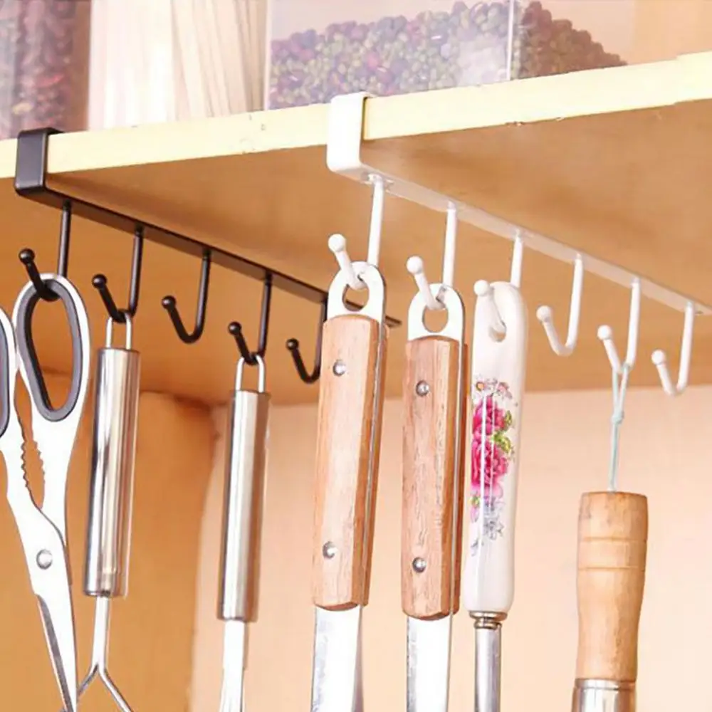 Kitchen Cutlery Cup Storage Rack With 6 Hooks Wall Mount Cupboard Hanging Hook Clothes Hanger Rangement Cuisine Cup Storage Rack