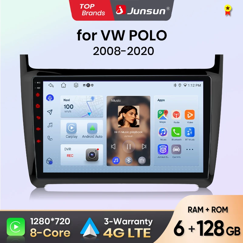 Radio para Auto Junsun para VW POLO 5 Sedán 2008-2020, CarPlay, Android Auto, FM, RDS, DSP, BT, GPS, Navegador, SWC, Pantalla Táctil HD IPS, Reproductor Multimedia Plug & Play, Llamadas Manos Libres, Unidad Principal con Estilo Original