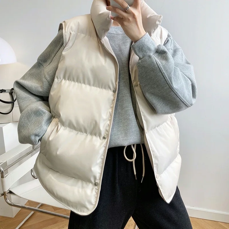 

2023 Women Vest Coat Stand Collar Winter Women Warm Coat Oversize Tops Beige Vest Chaleco Mujer Gilet Casaco Feminino