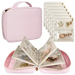 Compact Travel Jewelry Organizer in Pink - Elegant Velvet Pouch with Clear Zipper (Pink)