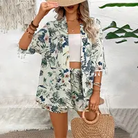 Two Piece Set For Women Outfits Open-front Cardigan Smock Flower Printed Beach Shorts Summer Suits Female Clothing Beachwear - Image 2