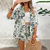 Two Piece Set For Women Outfits Open-front Cardigan Smock Flower Printed Beach Shorts Summer Suits Female Clothing Beachwear 2
