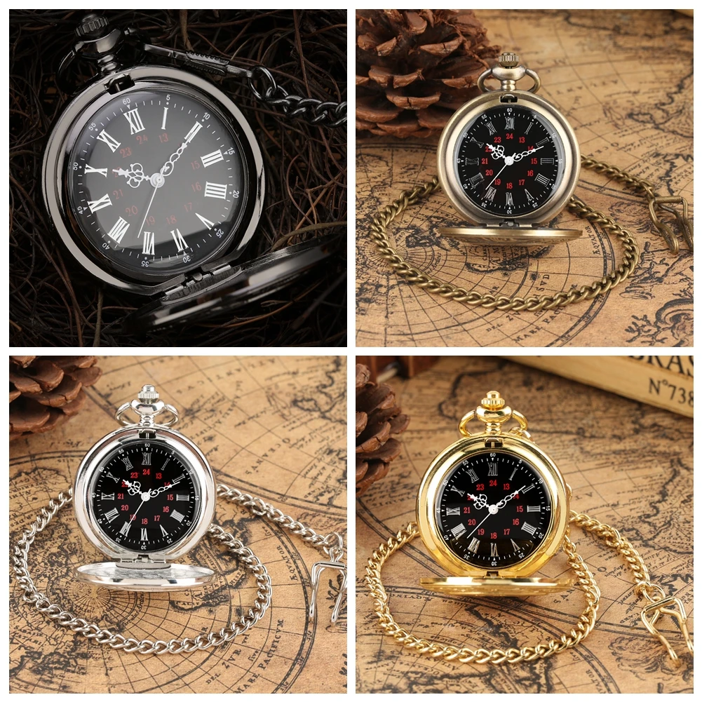 Roman Numerals Carved Hollow Cover Quartz Pocket Watch Gift Set Vintage Steampunk Fob Chain Pendant Antique Pocket Clock for Men