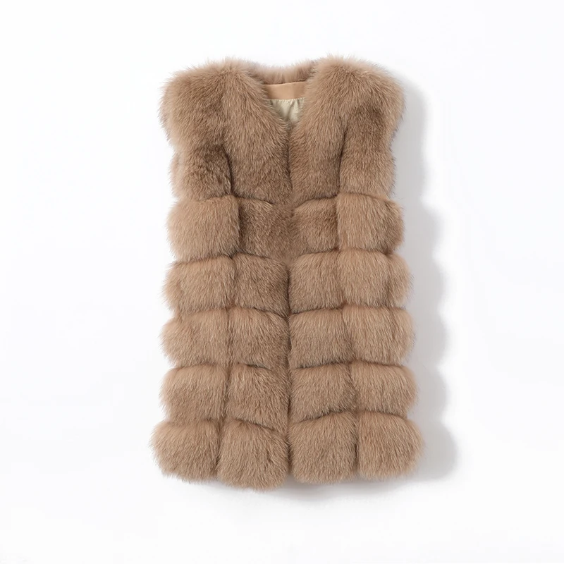 2024Natural Real Fox Fur MediumLength Overcoat  Women's Warm Winter Jacket Vest  Luxury Furry   Autumn Big Size Solid Color Coat