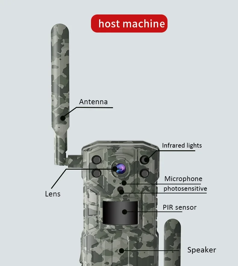 2560x1440 4G Solar Trail Camera, A solar-powered trail camera features an antenna, IR lights, microphone, photo-sensitive lens, and PIR sensor to capture wildlife images and monitor outdoor environments.