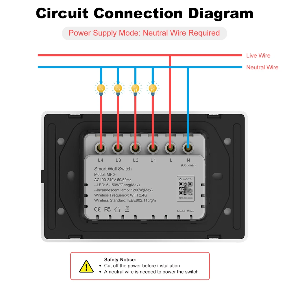 Tuya Matter WiFi Smart Switch Neutral Wire Optional Switch US Standard Switch Push Button Light Switch Voice Control With Alexa