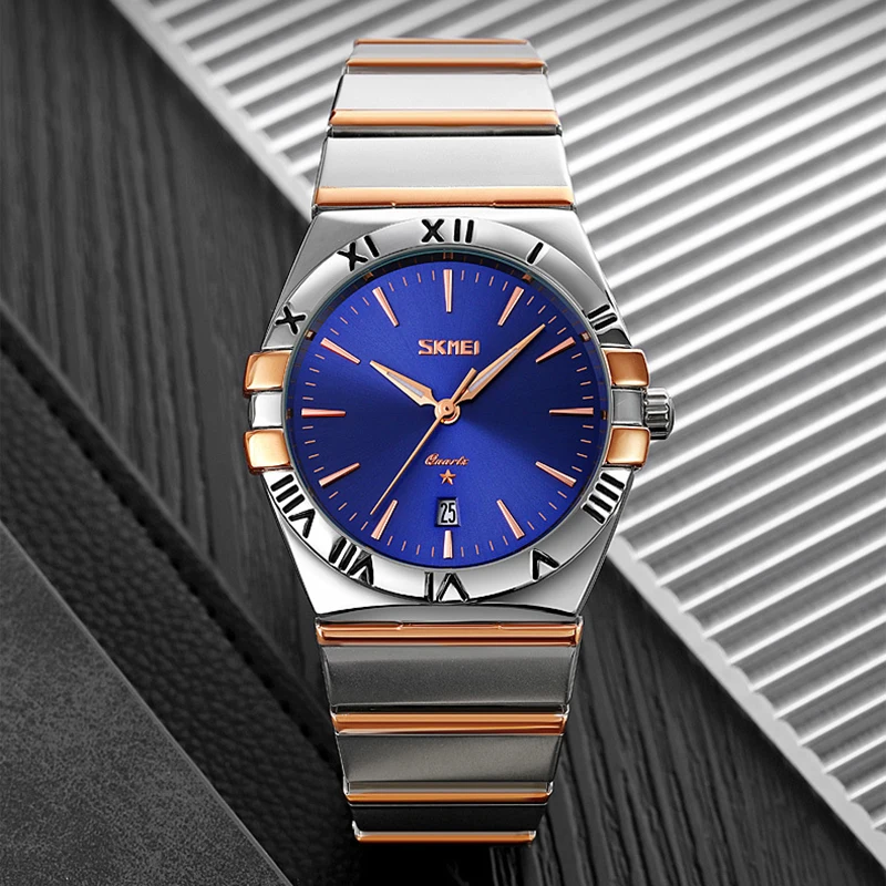 

Luxury Men Watch Rose Gold Stainless Steel Band Roman Numeral Reloj with Calendar Date Male Quartz Wristwatch Business Man Clock