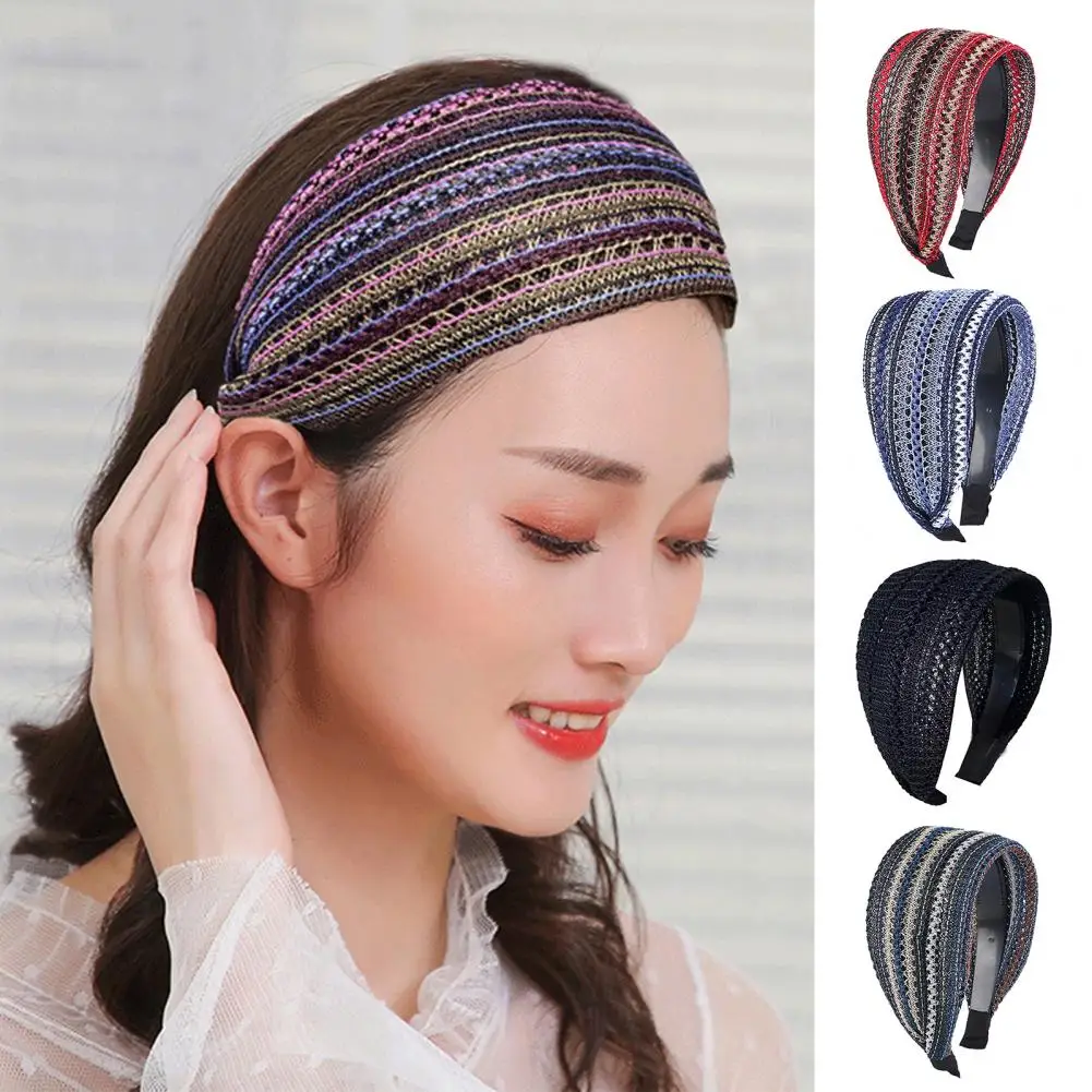 

Anti-slip Teeth Breathable Mesh Hair Hoop Women Retro Patchwork Color Wide Headband Hair Accessories