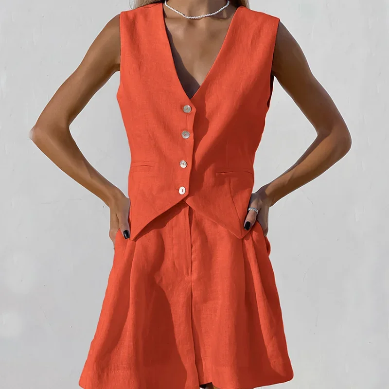 2023 New Cotton Line Waistcoat Shorts Sets Women Sleeveless Single Breasted Top Two Piece Set Womens 2023 Summer Lady Set