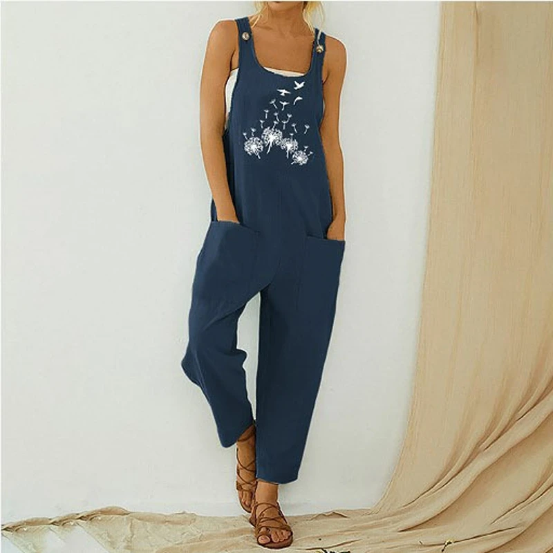 Summer New Women's Retro Abstract Print Women's Suspenders Large Size Jumpsuit