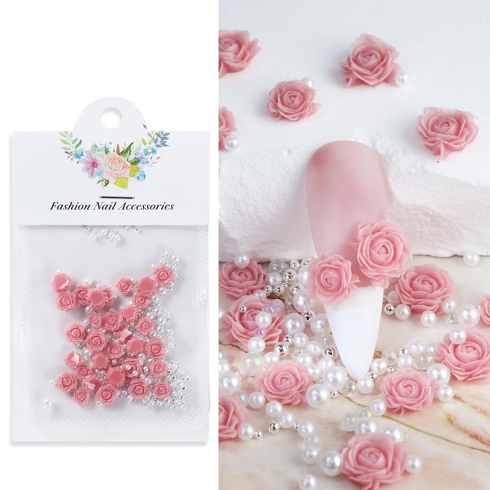 Pink Rose 3D Nail Art Rhinestone & Pearl Charm Set - 30 Pieces