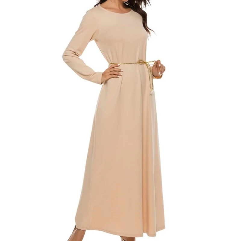 2023 Hot Sale Islamic Women's Muslim Abaya Basic Style Solid Color A- Line Long Sleeve Dress with Belt Casual Wholesale