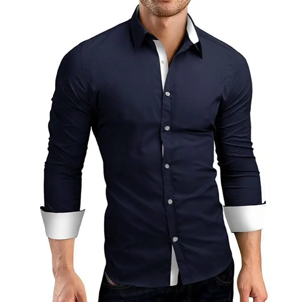 Men Shirt Contrast Color Single-breasted Turn-down Collar Bright Spring Shirt for Work