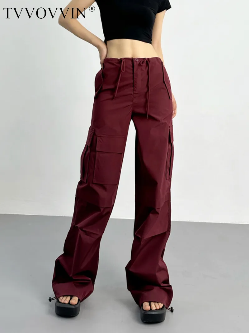 

TVVOVVIN 2023 Summer New Women's American Retro Spice Girl Style Multi Pocket Drawstring Cargo Pants loose Casual Pants CNQ9