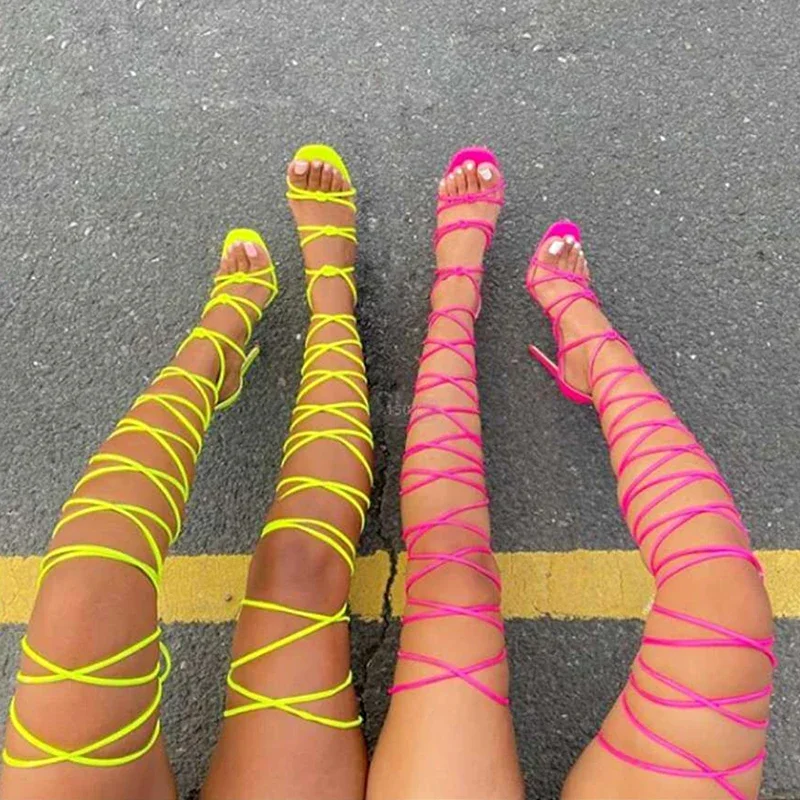Women High Heels Open-toe Gladiator Sandals Cross-lace Lace-up Roman Hollow Shoes