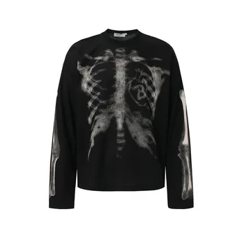 T-shirt con Grafica Scheletro per Uomo, Streetwear Harajuku Hip Hop, Magliette Oversize a Maniche Lunghe, Nero e Beige