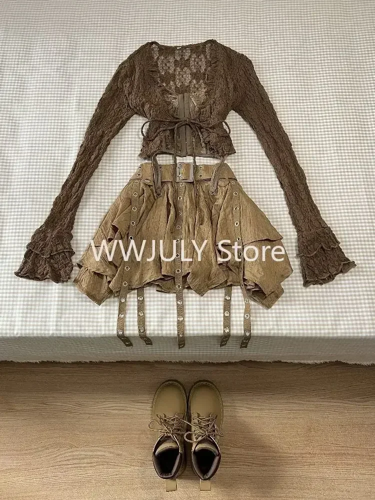 Harajuku Vintage Fashion 3 Piece Set Woman Short Cardigan + Slim Vest + Y2k E-Girl High Waist Skirt Hot Girls Korean Style Suit 3