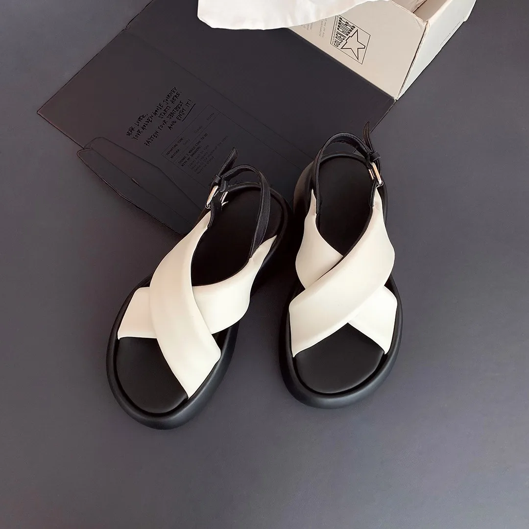 Lambskin Thick Soled Cross Buckle Casual Sandals With Bubble Bread women sandals wedge sandals