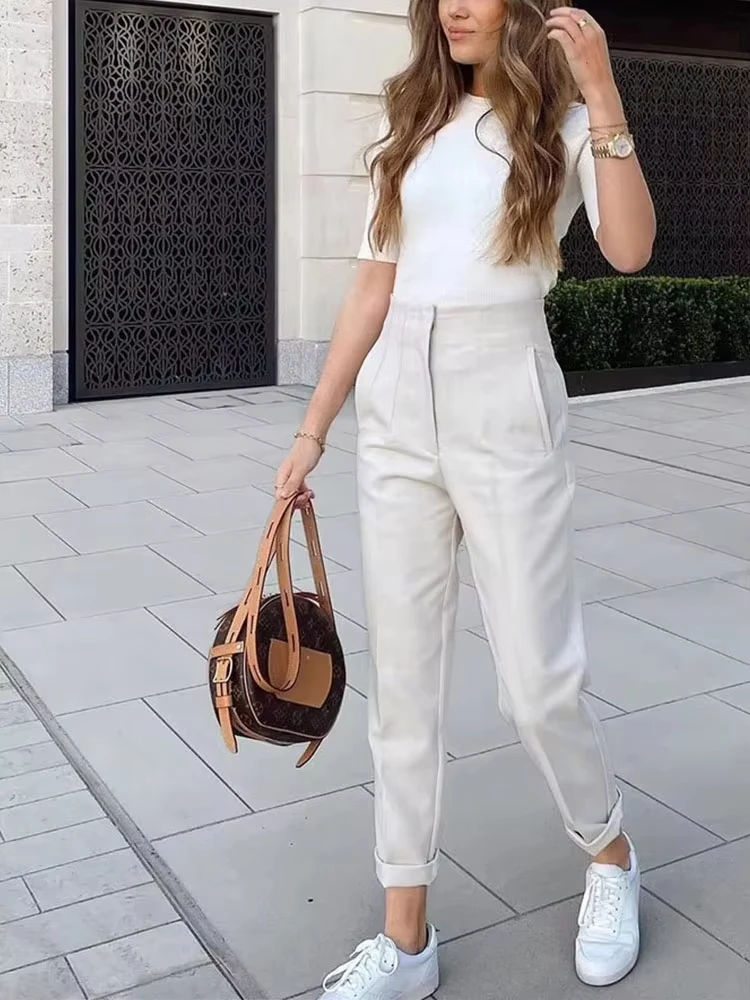 HH Women Vintage Solid Pencil Pants High Waist Pant For Women Casual Streetwear Woman Trousers Office Wear Basic Pant Mujer