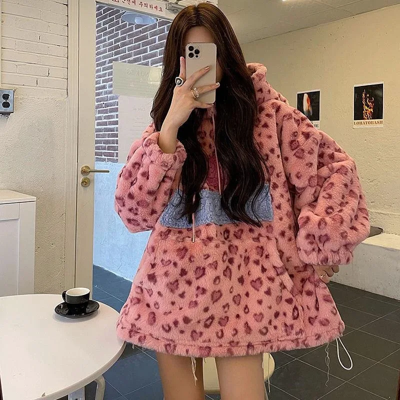 Cute Cartoon Pink Leopard Print Women's Tops Imitation Lamb Velvet Thick Warm Fluffy Lolita Girlish Love Fashion Kawaii Hoodie velvet love