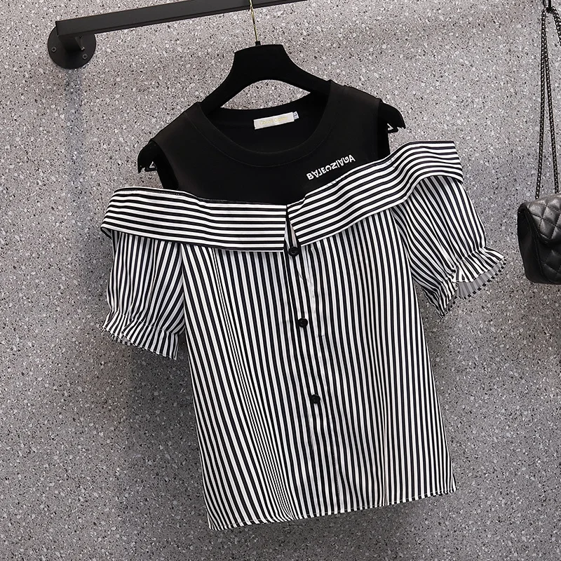 L-4XL Large Size  Fake Two Piece Blouses Women Summer Off Shoulder Oversize Shirt Striped Spliced Embroidery Letter Pullover Top