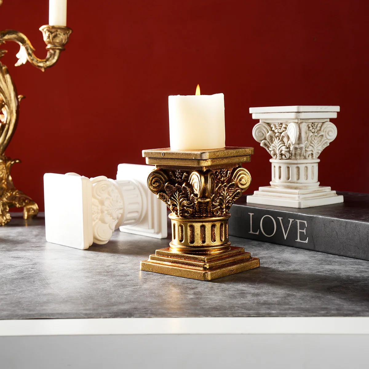 1PC, a European retro Roman column-shaped decorative candlestick, a warm and cozy decorative item in the center of the desktop