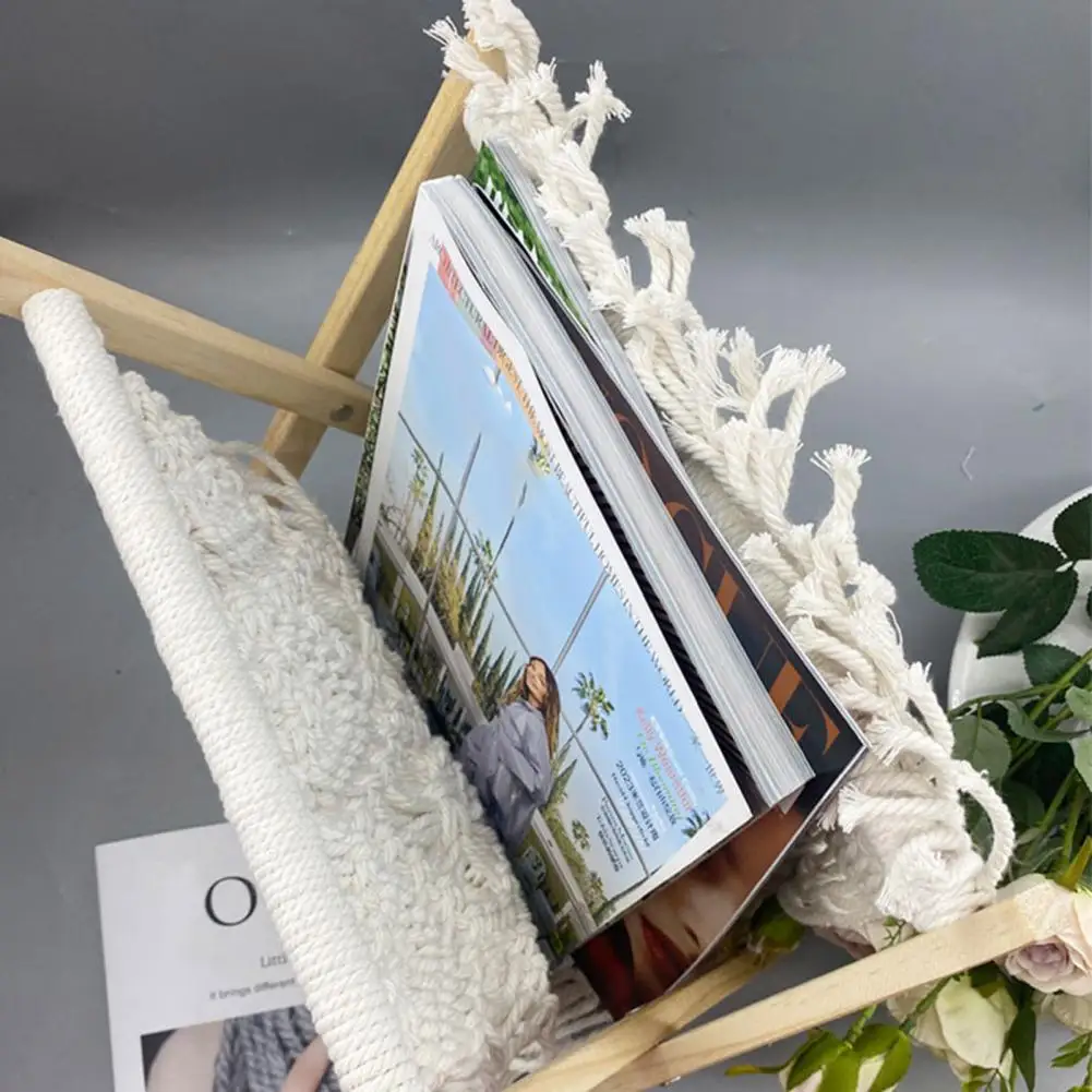 Room Magazine Rack Boho Magazine Rack Holder Standing Basket Storage Organizer with Wooden Stand Space for Magazines