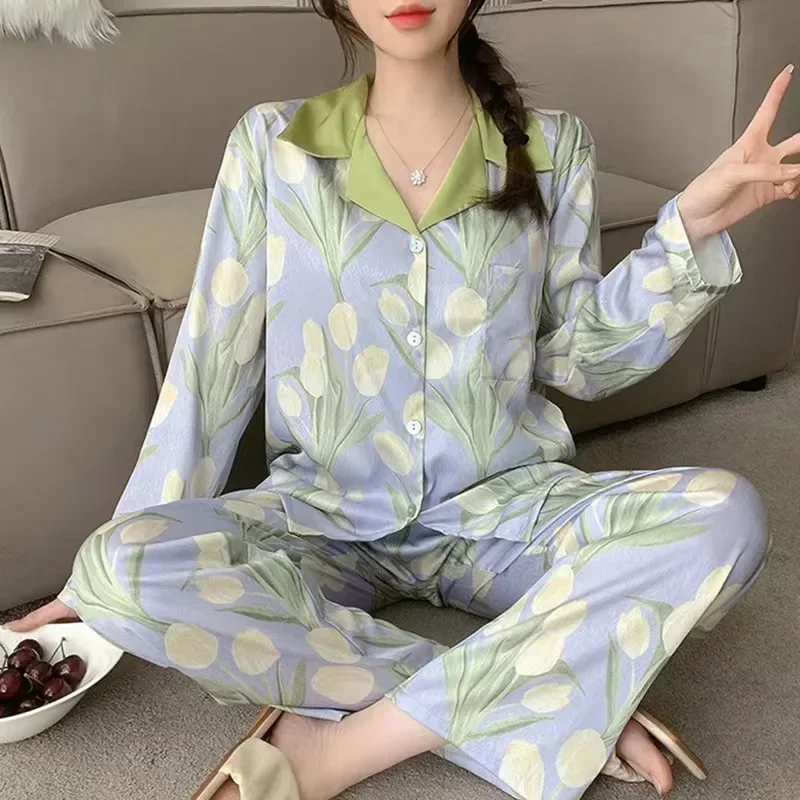 thumbnail image 1 of Pijama con estampado de perro para mujer, ropa de dormir de seda, estilo perezoso, dulce, primavera y otoño, 1 of 5