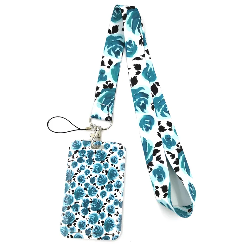 Blue Flower Rose Credit Card ID Holder Bag Student Women Travel Bank Bus Business Card Cover Badge Accessories Lanyard Straps