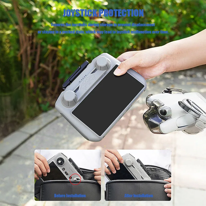 Jeu de deux capuchons rocker TPU pour DJI NEO, disposés à côté de la télécommande, prêts à être installés.