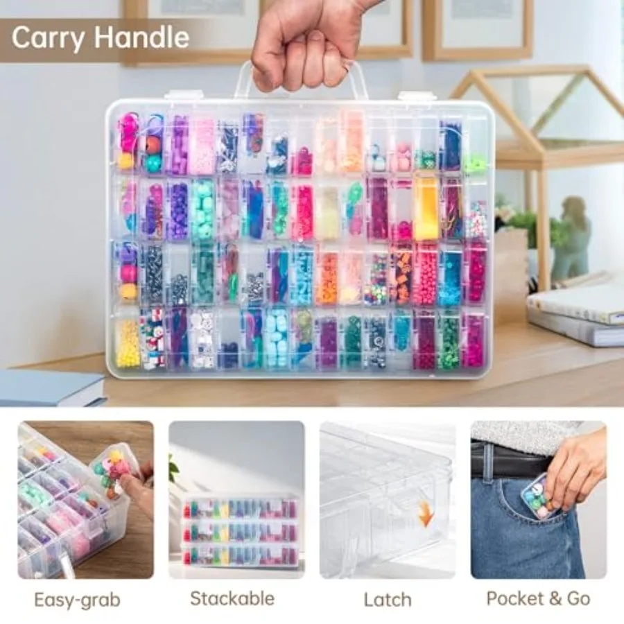 Bead Organizer Box 60 Pack Small Clear Storage Boxes with Labels Large Travel Craft Case with Handle Mini Plastic Containers fo 5