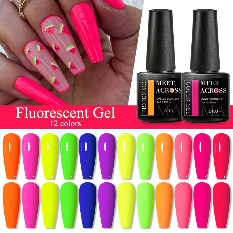 MEET ACROSS 7ML Fluorescence Color Gel Nail Polish Luminous Neon Semi Permanent Nails Soak Off UV Gel Nail Art Varnishes