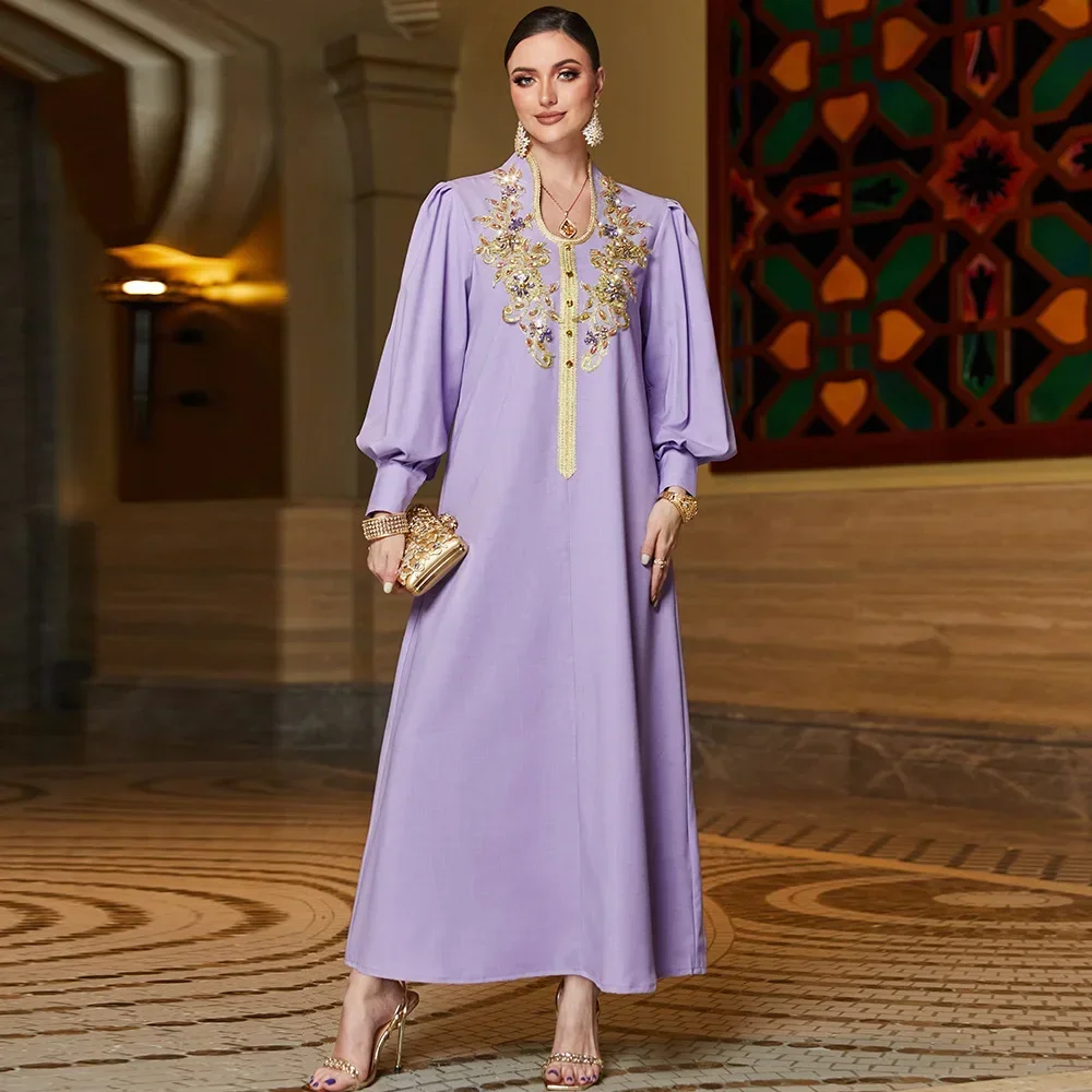

Turkish Abayas Chic Solid Pure Handwork Diamonds Appliques Lantern Sleeve Casual Islamic Dresses For Women 2023 ملابس اسلاميه