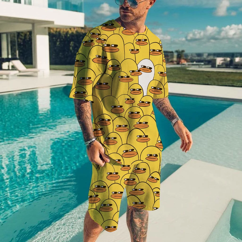 Men's Tracksuit 2 Piece Set Summer Solid Sport Hawaiian Suit Cartoon Short Sleeve T Shirt and Shorts Casual Fashion Man Clothing