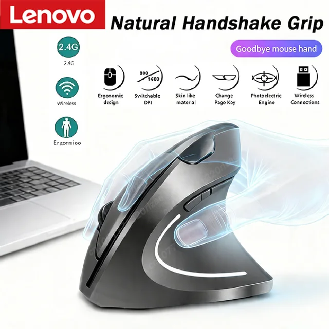    Souris verticale sans fil Bluetooth Lenovo 2.4G, ergonomique, avec poignée latérale, silencieuse, rechargeable, pour jeux, ordinateur portable, PC, réglage du DPI 1