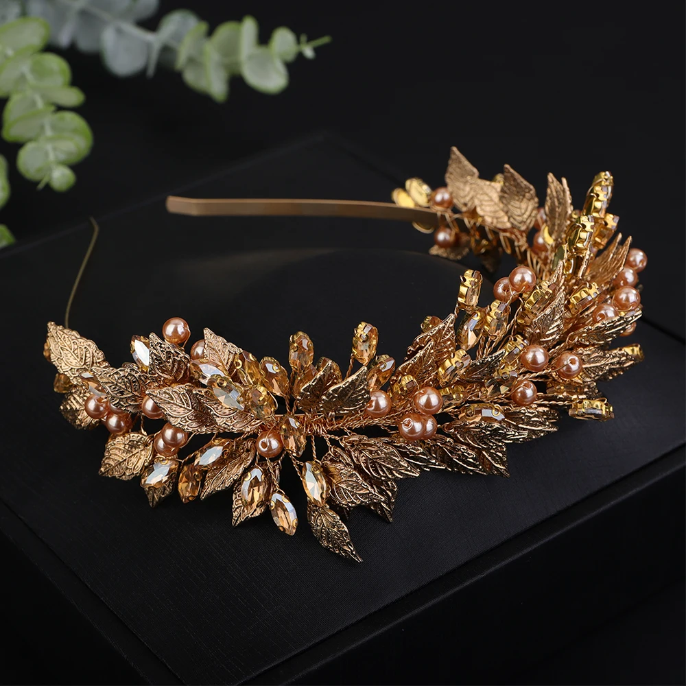 Bridal Crown Headband Hair Accessories for Women Pearl Rhinestones Diamonds Leaves