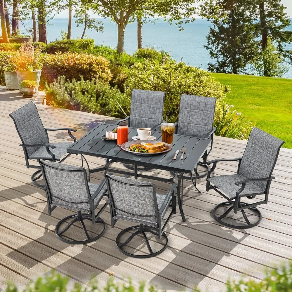 7 Piece Outdoor Patio Dining Set with 6 Swivel Rocker Chairs, Rectangular Metal Table with Umbrella Hole, 6 Person Patio Table a